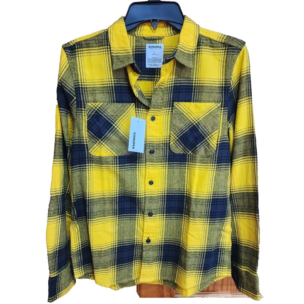 Sonoma Flannel Boys Shirt Long Sleeve Size Large Yellow Black Plaid
